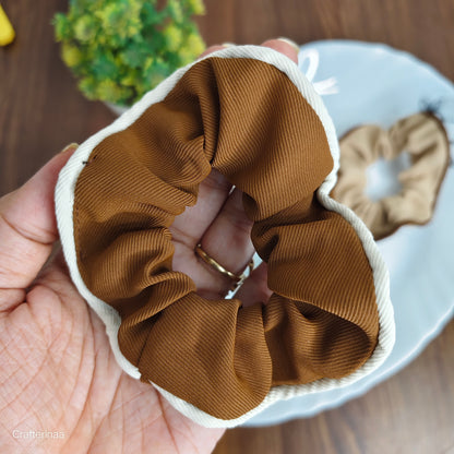 “Set of 4 Neutral-Tone Scrunchies with Contrast Border | Soft Fabric Hair Bands for Daily Use”