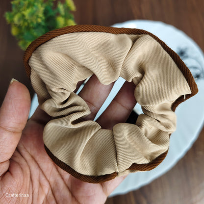 “Set of 4 Neutral-Tone Scrunchies with Contrast Border | Soft Fabric Hair Bands for Daily Use”