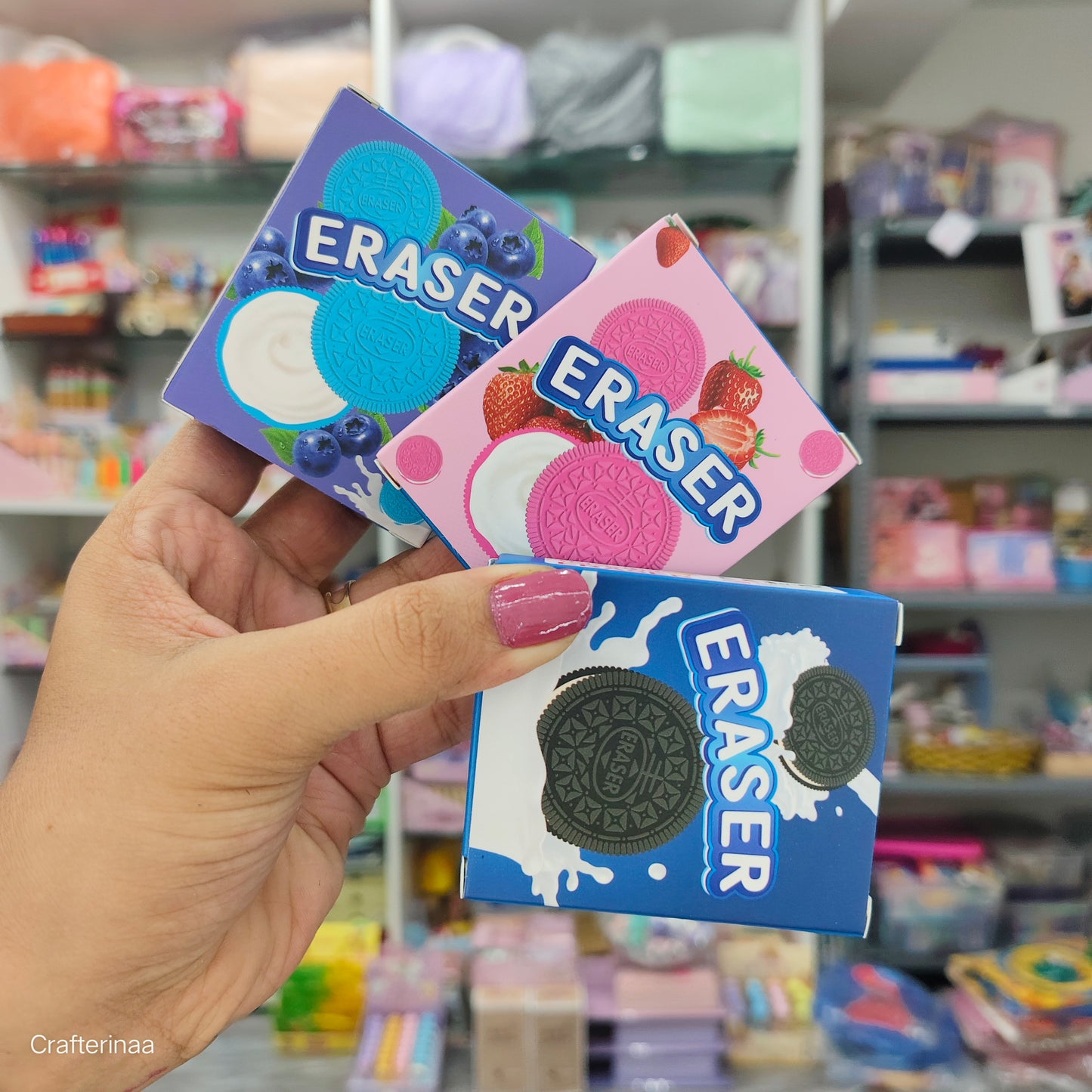 “Cream Sandwich Biscuit Erasers – Blueberry, Strawberry & Chocolate Design