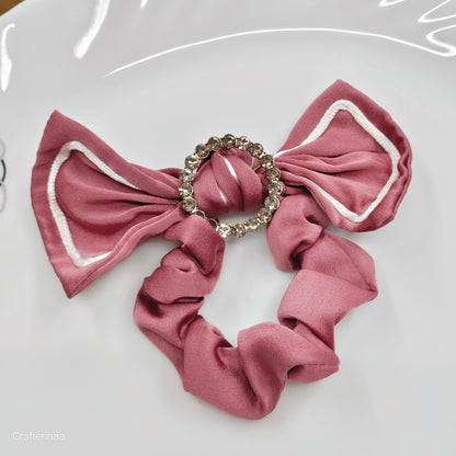 Satin Bow Hair Scrunchies with Diamond Circle Detail – Set for Girls