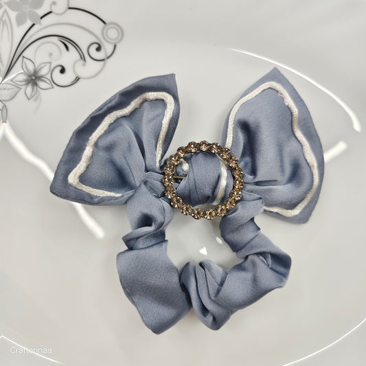 Satin Bow Hair Scrunchies with Diamond Circle Detail – Set for Girls