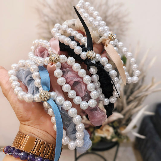 Pearl Embellished Satin Scrunchies with Ribbon – Elegant Hair Accessories