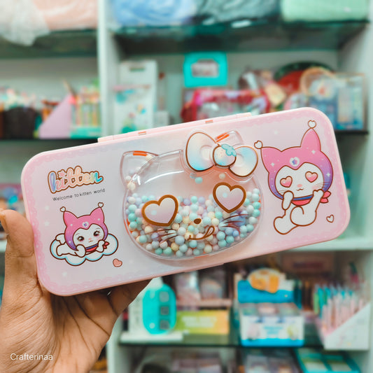 Cute Kitten Pencil Box with Colorful Beads – Stationery Organizer for Kids| hello kitty compass box