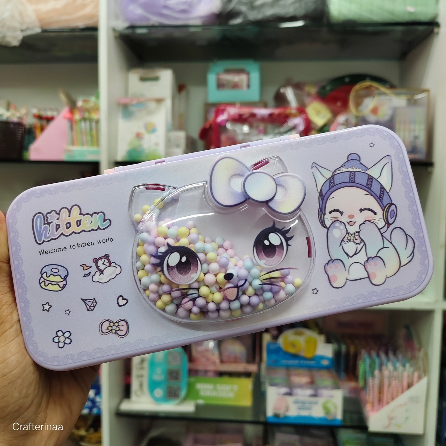 Cute Kitten Pencil Box with Colorful Beads – Stationery Organizer for Kids| hello kitty compass box