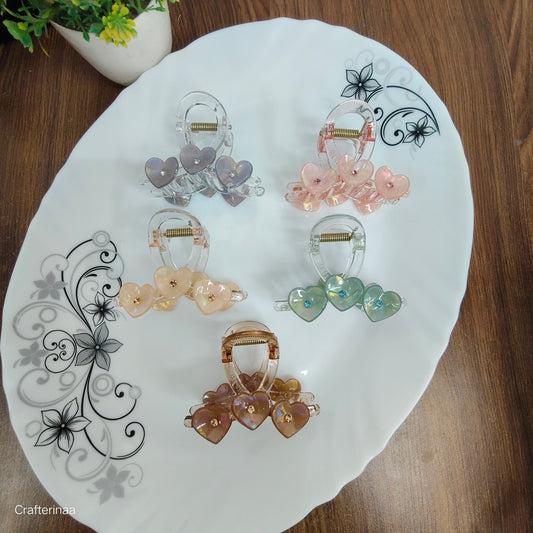 Transparent Heart Hair Claw Clips – Glossy Duo Hearts with Crystal Studs