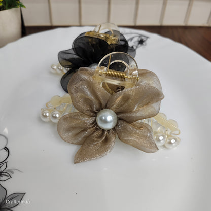 Pastel Organza Flower Hair Clutcher with Pearls – korean Hair claws