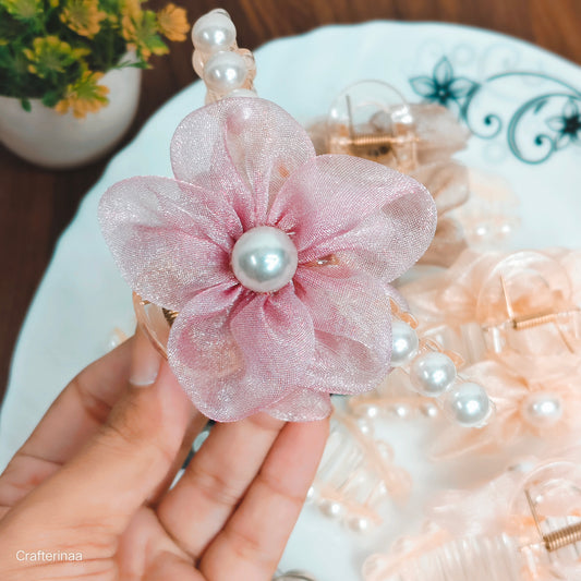 Pastel Organza Flower Hair Clutcher with Pearls – korean Hair claws