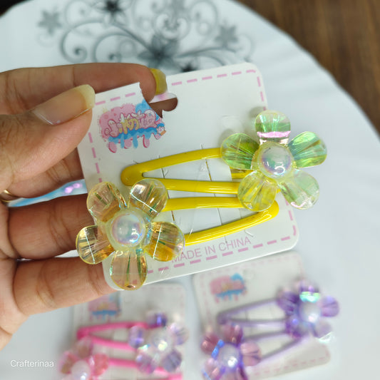 Crystal Flower Snap Hair Clips – Girls Hair Pins with Pearl Center
