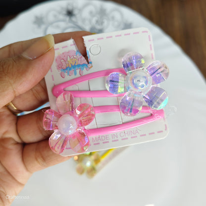 Crystal Flower Snap Hair Clips – Girls Hair Pins with Pearl Center