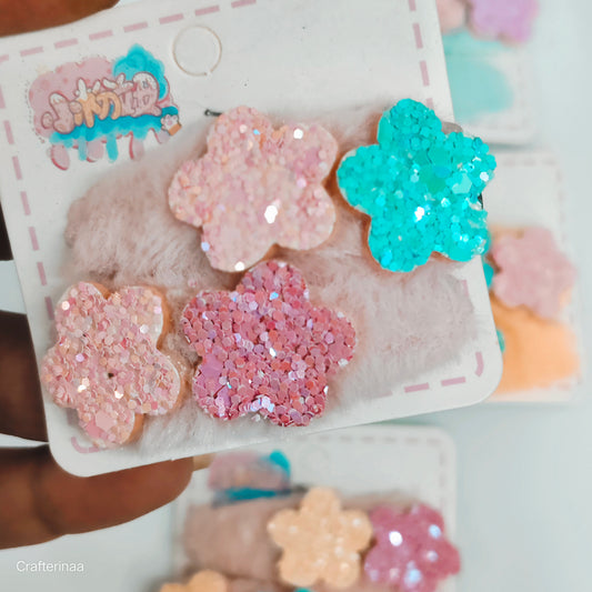 Fur glittery tiktak flower-shaped hair clips|party wear use