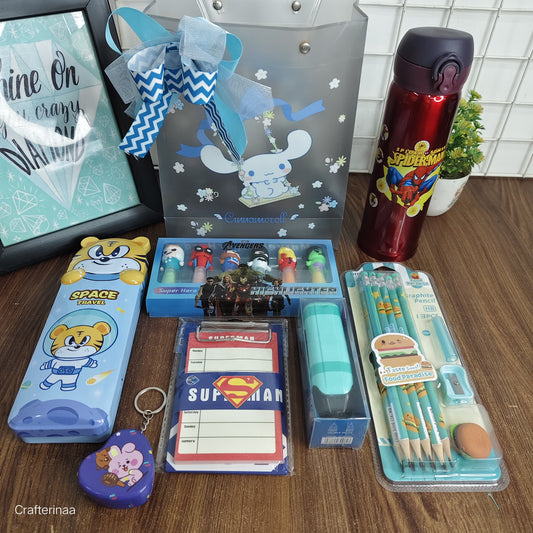 "Superhero Themed Kids Stationery Gift Set – Avengers, Spiderman, Superman, Pencil Kit, Water Bottle & More"