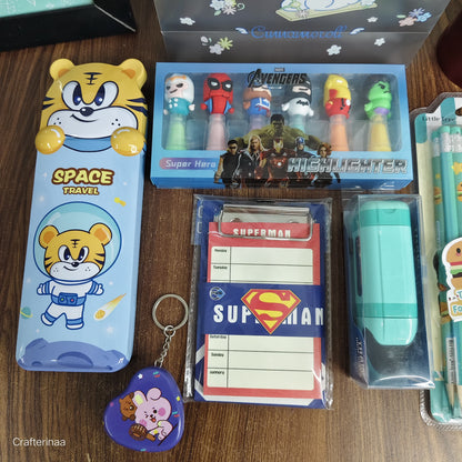 "Superhero Themed Kids Stationery Gift Set – Avengers, Spiderman, Superman, Pencil Kit, Water Bottle & More"
