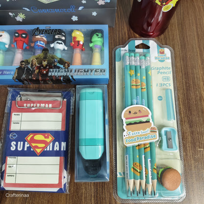 "Superhero Themed Kids Stationery Gift Set – Avengers, Spiderman, Superman, Pencil Kit, Water Bottle & More"