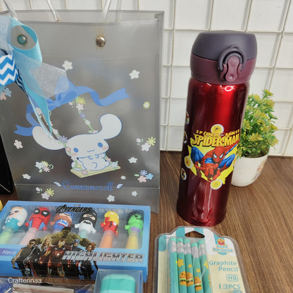 "Superhero Themed Kids Stationery Gift Set – Avengers, Spiderman, Superman, Pencil Kit, Water Bottle & More"