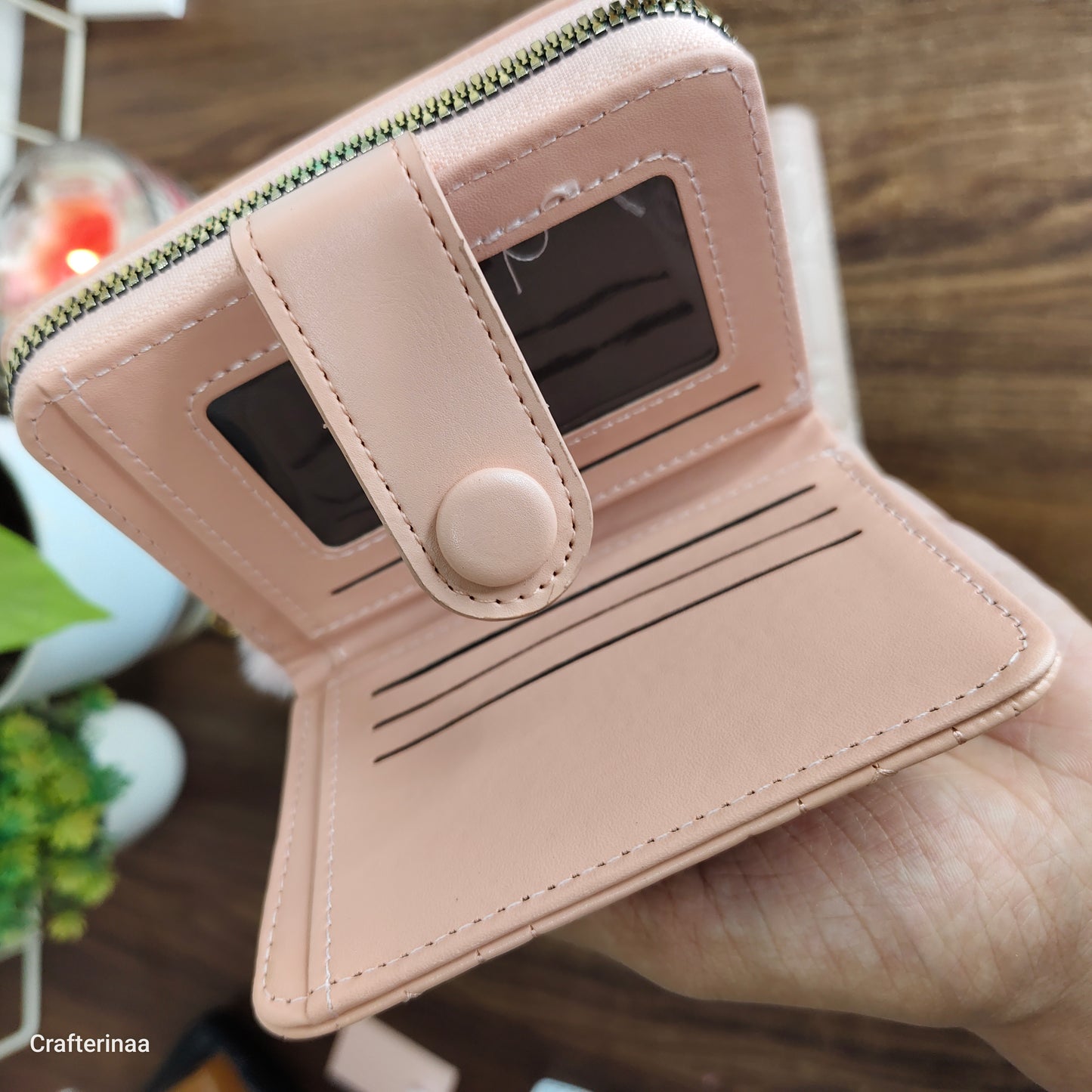 Compact Button Wallet for Women with Pom Pom Keychain | Mini Card Holder & Coin Purse
