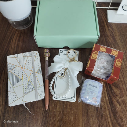 Elegant Gift Hamper for Women – Pearl Keychain, Journal & Scented Candle
