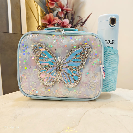 3D Butterfly Lunch Bag for Girls – Shiny Sequin Holographic Finish (bottle not included)