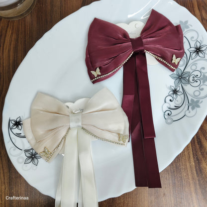 Elegant Butterfly Rhinestone Satin Bow Hair Clip – Luxury Ribbon Hair Bow Barrette for Women & Girls | Party, Bridal & Casual Hair Accessory
