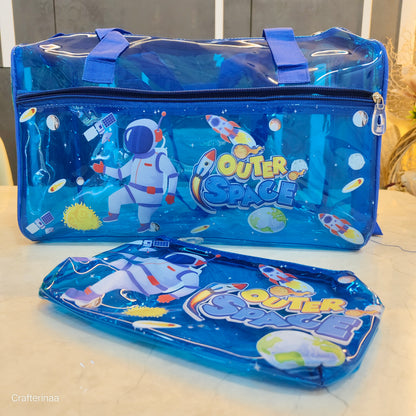 Stylish Transparent Travel Bag with pouch for Kids – Lightweight Cartoon Print Handbag| jelly bag with pouch combo