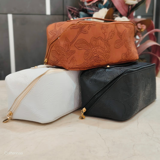 Elegant Leather Finish Embossed Pouch – Cosmetic, Toiletry & Organizer Bag