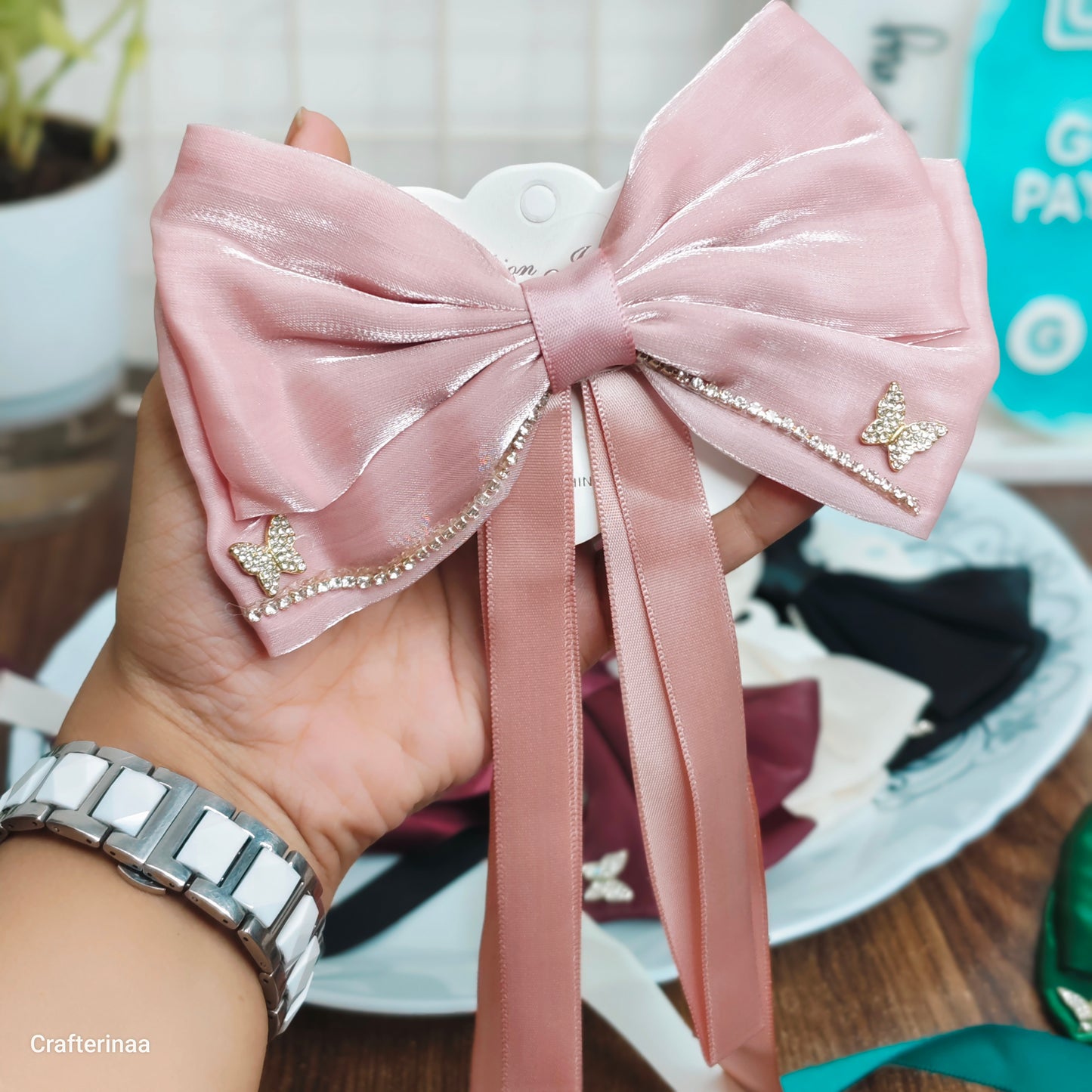 Elegant Butterfly Rhinestone Satin Bow Hair Clip – Luxury Ribbon Hair Bow Barrette for Women & Girls | Party, Bridal & Casual Hair Accessory