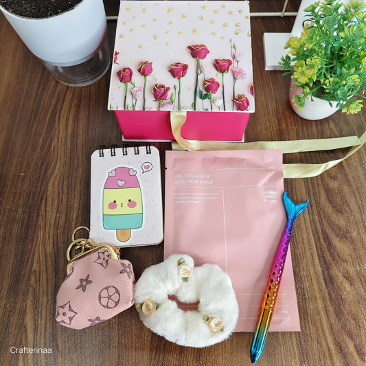 “Pink Self-Care Gift Box for Girls – Face Mask, Hair Accessories & Notebook Set”