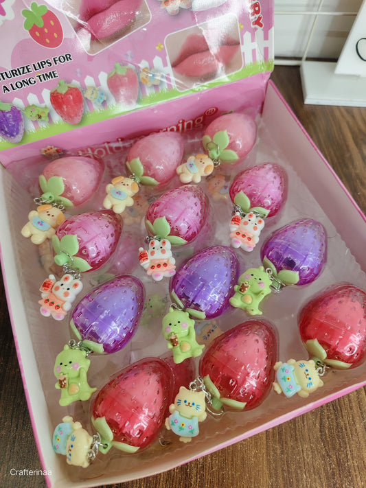 Cute Strawberry Lip Balm with Keychain Charm | Fruity Moisturising Lip Balm
