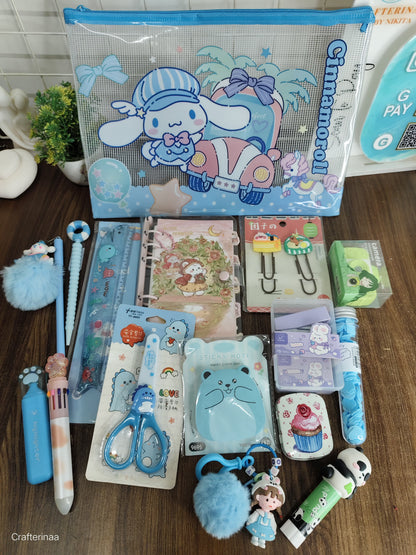 Cute Cartoon Blue Stationery Gift Hamper | Aesthetic Pencil Pouch, Notebook, Scissors & Kawaii Accessories Set