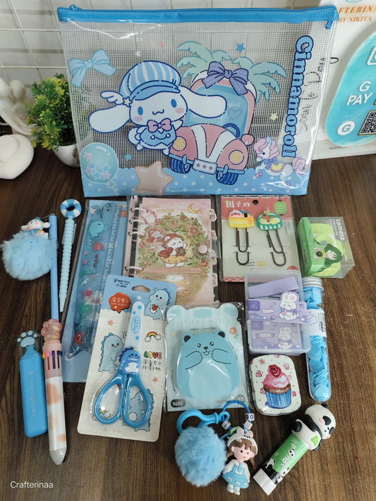Cute Cartoon Blue Stationery Gift Hamper | Aesthetic Pencil Pouch, Notebook, Scissors & Kawaii Accessories Set