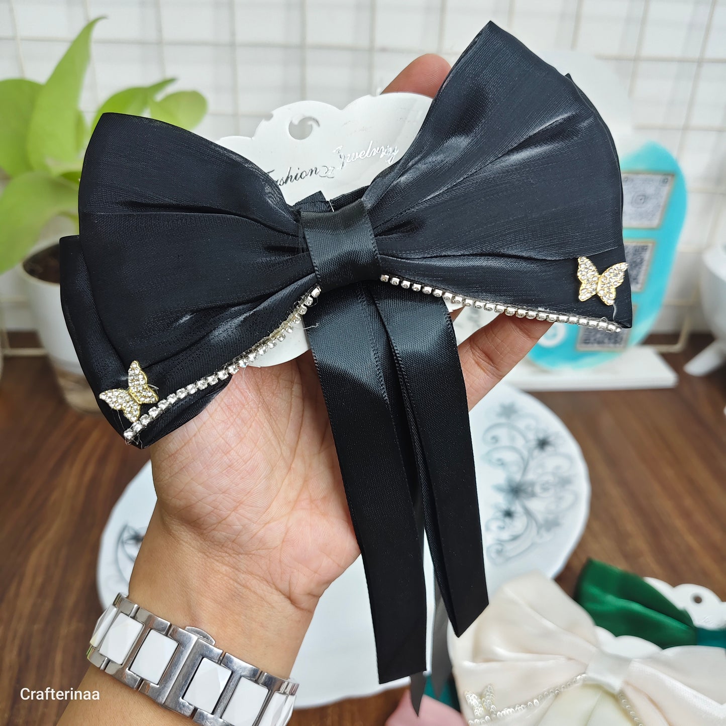 Elegant Butterfly Rhinestone Satin Bow Hair Clip – Luxury Ribbon Hair Bow Barrette for Women & Girls | Party, Bridal & Casual Hair Accessory