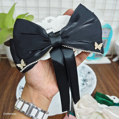 Elegant Butterfly Rhinestone Satin Bow Hair Clip – Luxury Ribbon Hair Bow Barrette for Women & Girls | Party, Bridal & Casual Hair Accessory