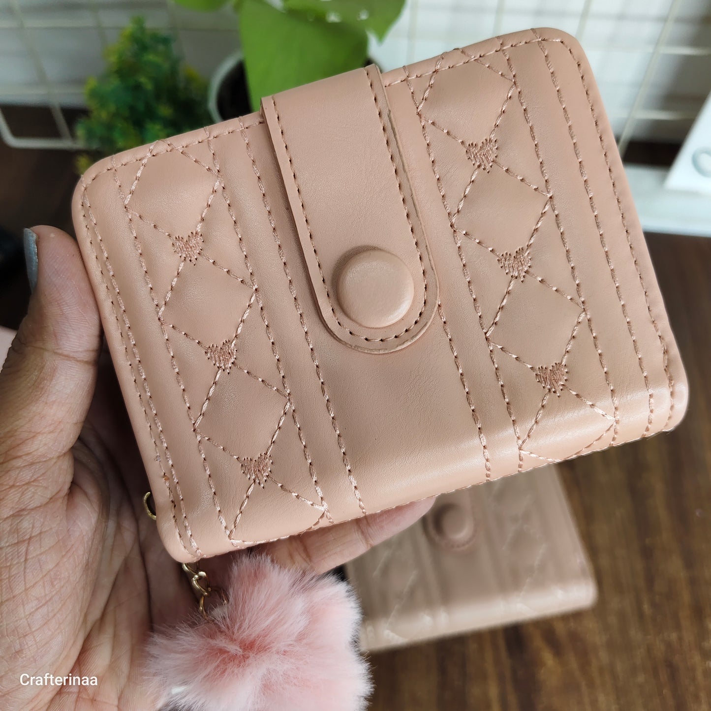 Compact Button Wallet for Women with Pom Pom Keychain | Mini Card Holder & Coin Purse