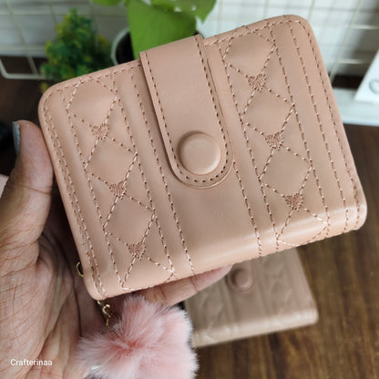 Compact Button Wallet for Women with Pom Pom Keychain | Mini Card Holder & Coin Purse