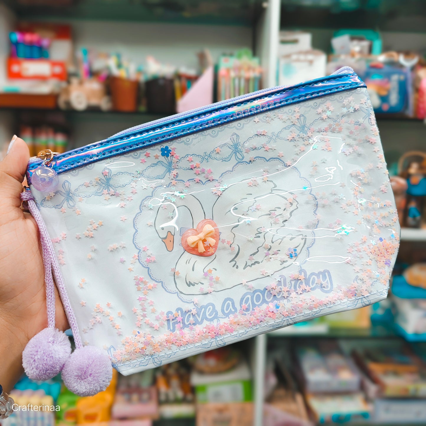 "Glitter Transparent Zipper Pouch – Cute Cartoon Print with Pom Pom Charm"