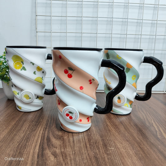 Aesthetic Spiral Handle Mug – Durable Ceramic Cup with Fruit Prints