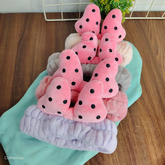 “Cute Polka Bow Hairband – Soft Plush Makeup & Skincare Headband”