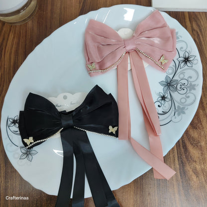 Elegant Butterfly Rhinestone Satin Bow Hair Clip – Luxury Ribbon Hair Bow Barrette for Women & Girls | Party, Bridal & Casual Hair Accessory