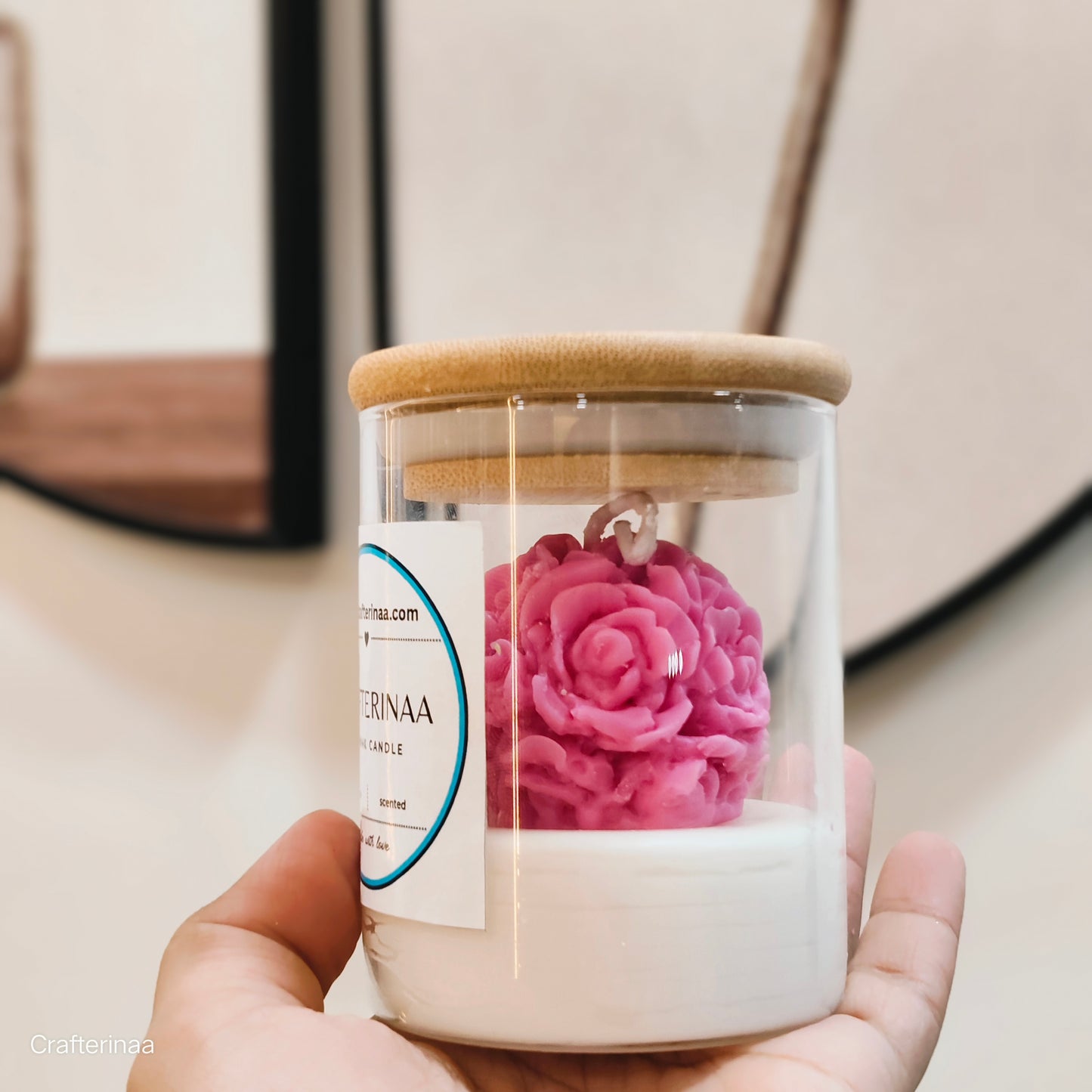 Luxury vanilla Scented Rose Candle with Wooden Lid – Handmade Floral Gift Jar
