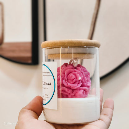 Luxury vanilla Scented Rose Candle with Wooden Lid – Handmade Floral Gift Jar