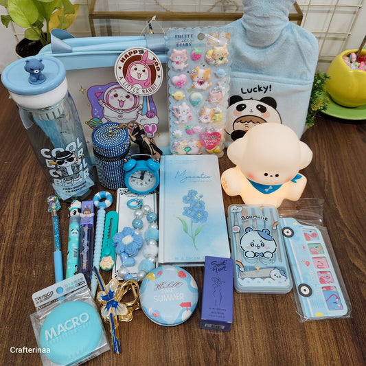 Blue Aesthetic Stationery Gift Hamper for Kids | Cute School Supplies & LED Lamp Gift Set | Birthday Return Gift Hamper