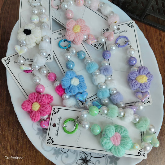 Colorful Beaded Keychain with Crochet Flower – Aesthetic Bag Charm for Girls