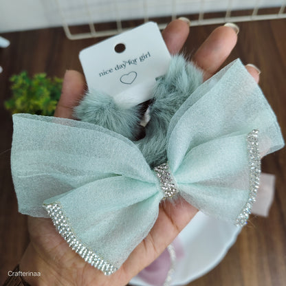Luxury Fur Bow Hair Clips with Rhinestones|Furry Glitter Bow Hair Clip|