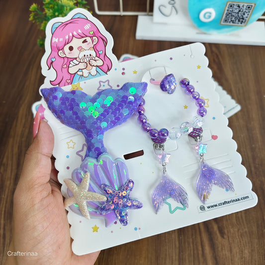 Ocean Theme Hair Clips & Bracelet Set – Mermaid Tail, Shell & Starfish Design