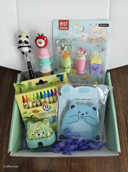 Cute Kids Mini Stationery Gift Hamper | Cartoon Pen, Crayons, Sticky Notes & Eraser Set