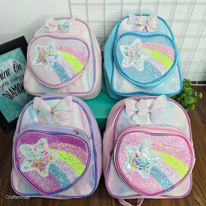 Glitter Heart Front Rainbow Backpack – School Bag for Girls