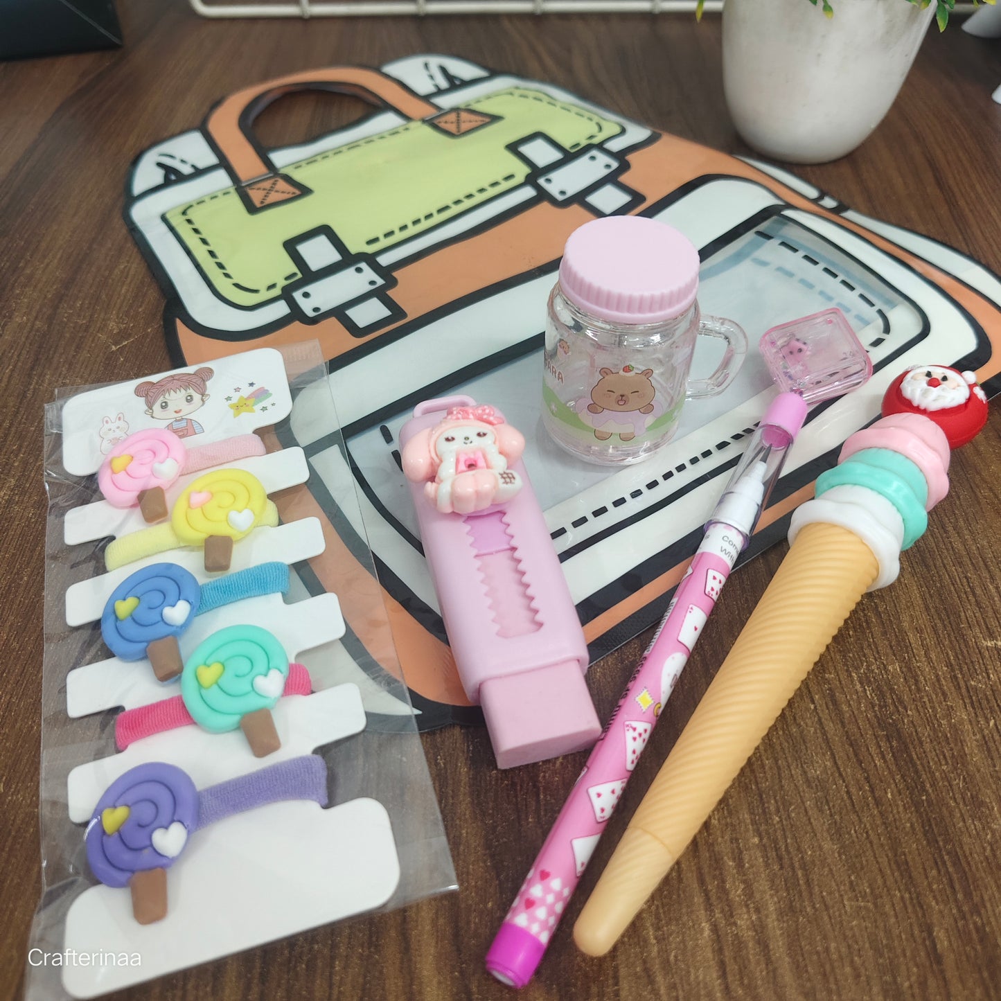 “Cute Stationery Gift Set for Kids – Zipper Pouch, Erasers, Pens, Sharpener & Hair Clips”