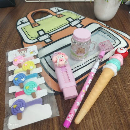 “Cute Stationery Gift Set for Kids – Zipper Pouch, Erasers, Pens, Sharpener & Hair Clips”