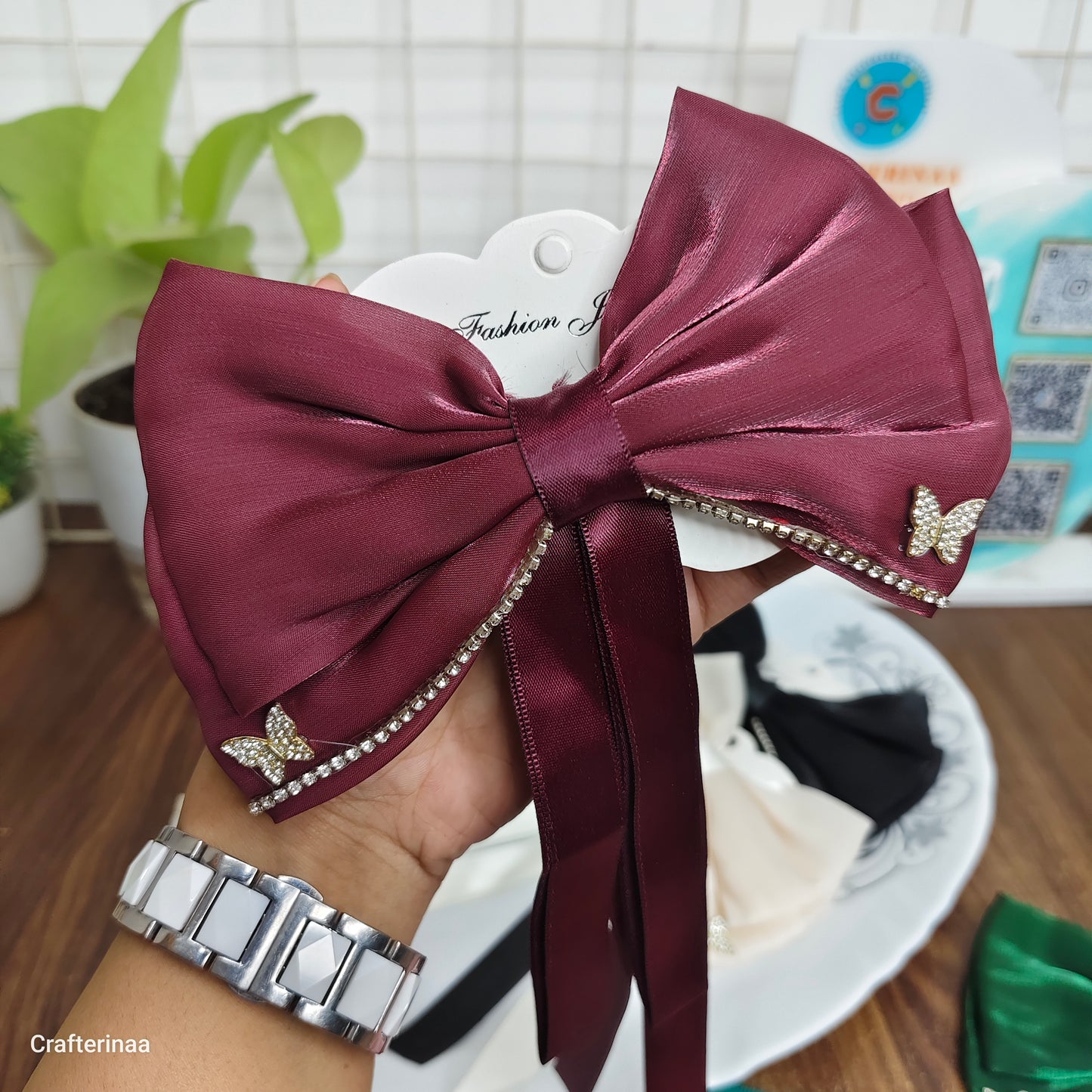 Elegant Butterfly Rhinestone Satin Bow Hair Clip – Luxury Ribbon Hair Bow Barrette for Women & Girls | Party, Bridal & Casual Hair Accessory