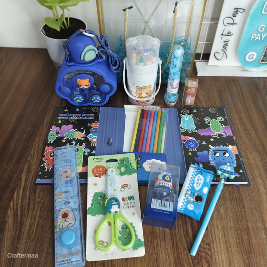 Cute Blue Monster Kids Stationery Gift Set – Coloring Book, Scissors, Pouch & Art Supplies
