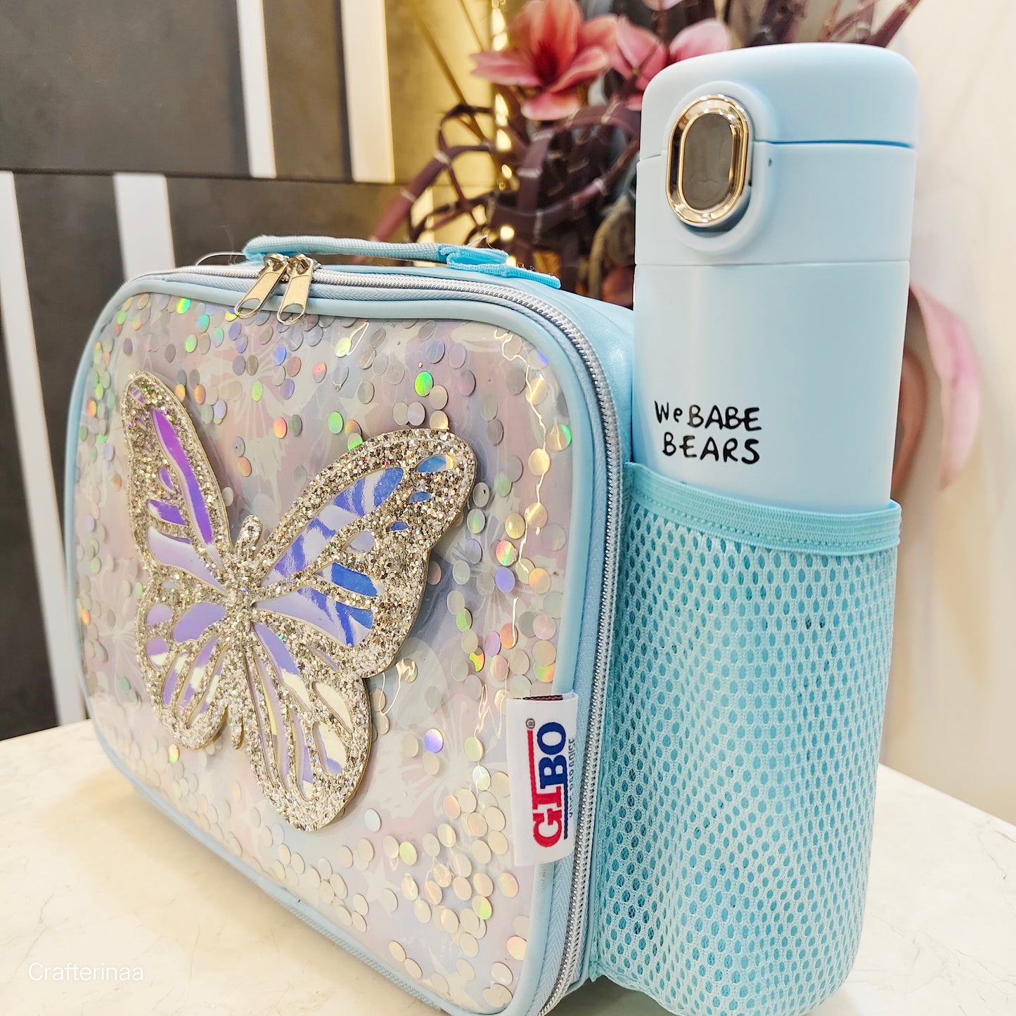 3D Butterfly Lunch Bag for Girls – Shiny Sequin Holographic Finish (bottle not included)
